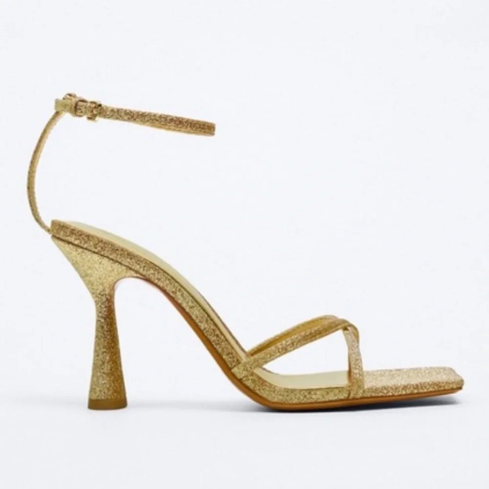 Zara Gold Strappy Glitter Heeled Sandals Size 6 - Picture 5 of 15
